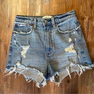 Abercrombie & Fitch High Rise Mom Short Curve Love Distressed Raw Hem Denim